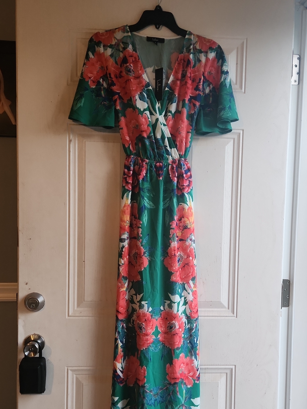 Lulu's Green Maxi Dress with Coral Floral Print